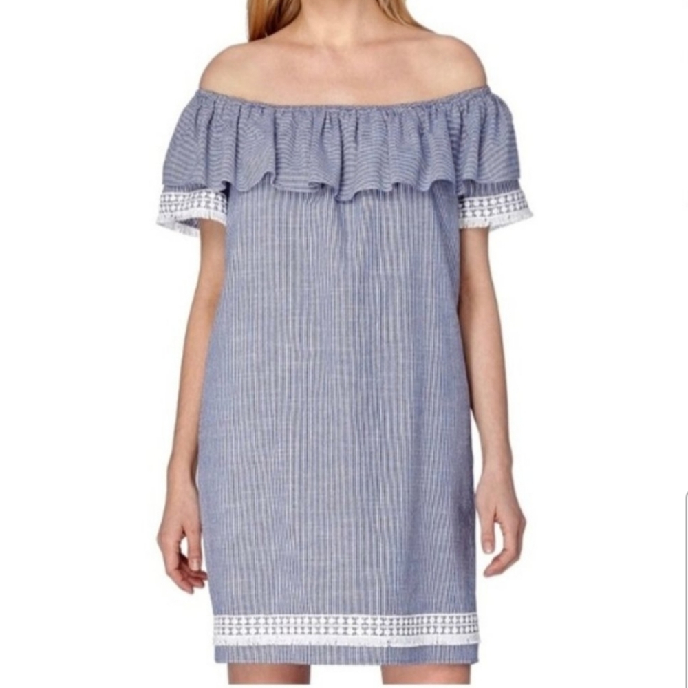 Tahari Off Shoulder Pin Stripe Ruffle Cotton Mini Dress